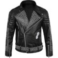 Men Biker Patch Studded Jacket Black