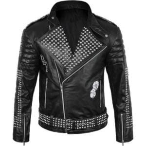 Men Biker Patch Studded Jacket Black