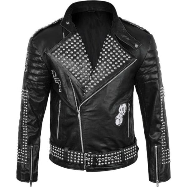 Men Biker Patch Studded Jacket Black