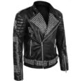 Men Biker Patch Studded Jacket Black