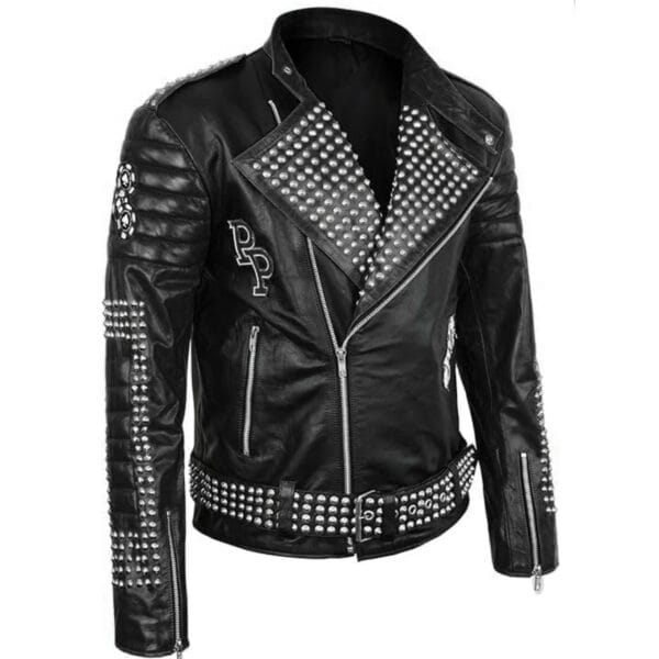Men Biker Patch Studded Jacket Black