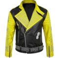 Men Biker Patch Studded Jacket Yellow