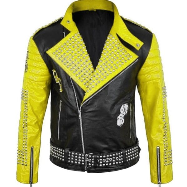 Men Biker Patch Studded Jacket Yellow
