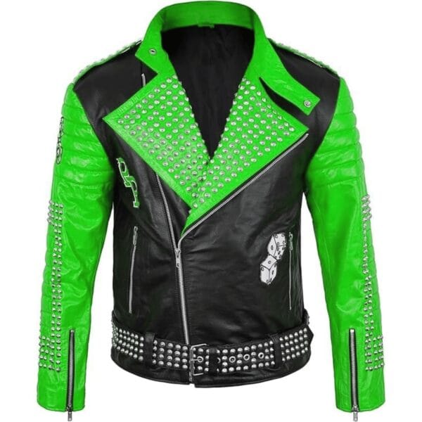 Men Biker Patch Studded Jacket Green