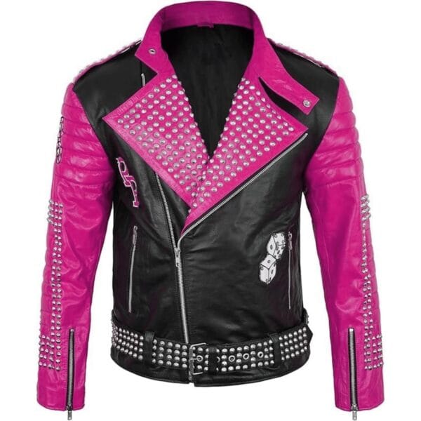 Men Biker Patch Studded Jacket