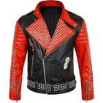 Men Biker Patch Studded Jacket Red