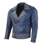 Men Blue Studded Leather Jacket