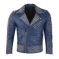 Men Blue Studded Leather Jacket