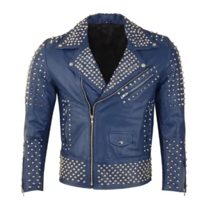 Men Blue Studded Leather Jacket