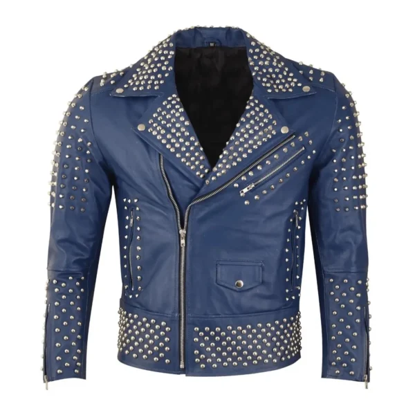 Men Blue Studded Leather Jacket
