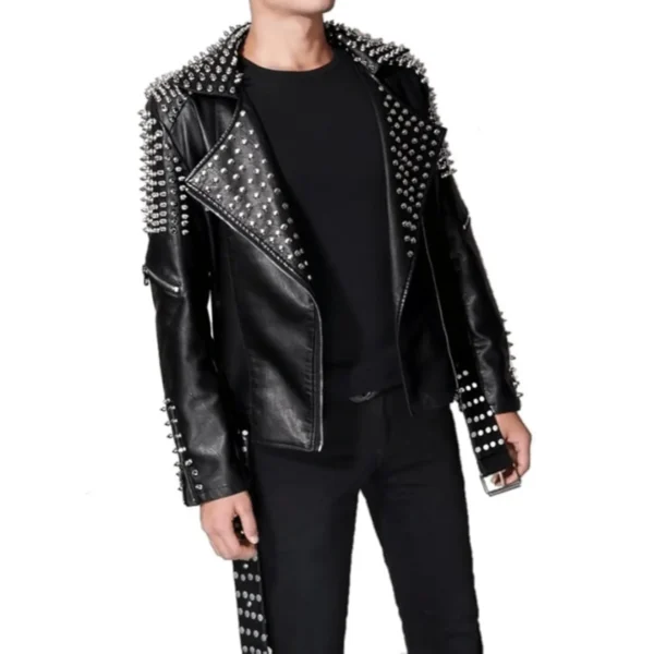 Men’s Half Studded Punk Leather Jacket 5-min