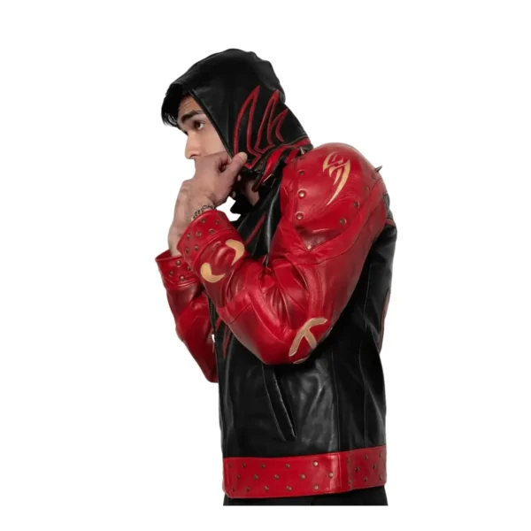 Men’s Red & Black Hoodie Leather Jacket 5-min