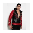 Men’s Red & Black Hoodie Leather Jacket-min
