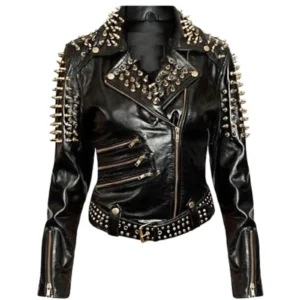 Women Golden Studded Leather Jacket