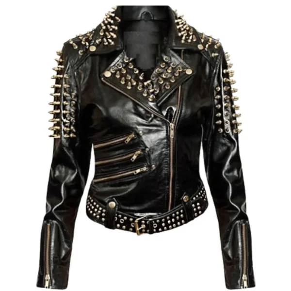 Women Golden Studded Leather Jacket