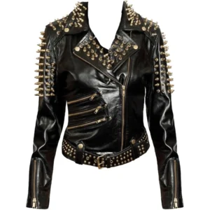 Women Golden Studded Leather Jacket