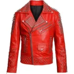 Women Red Studded Leather Jacket