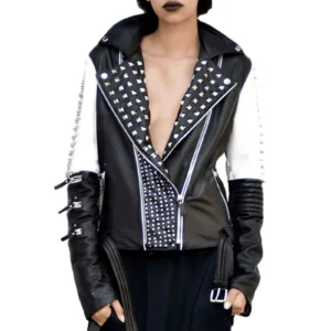 Women Silver Studded Leather Jacket