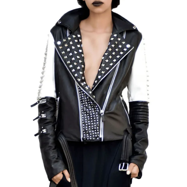 Women Silver Studded Leather Jacket