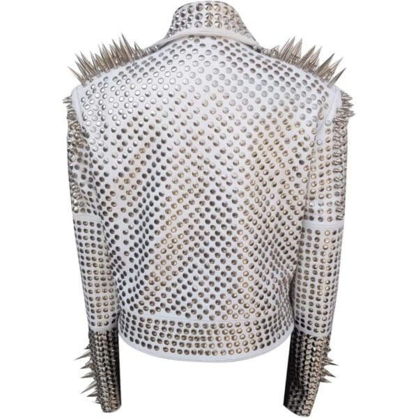 Women Spike Studded Leather Jacket White