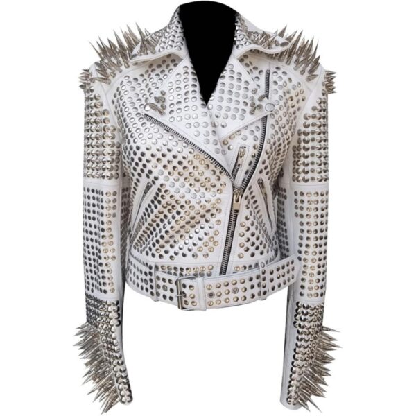 Women Spike Studded Leather Jacket White