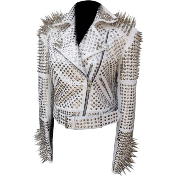 Women Spike Studded Leather Jacket White