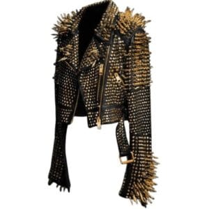Women Spike Studded Leather Jacket Golden