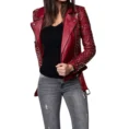 Women Studded Leather Motorcycle Jacket Red