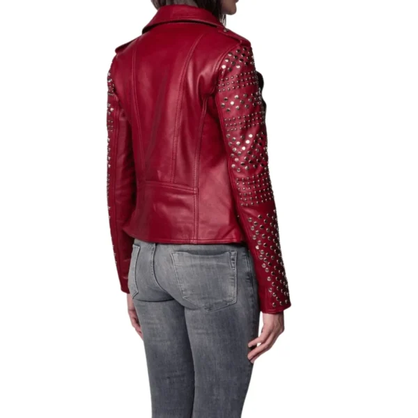 Women Studded Leather Motorcycle Jacket Red
