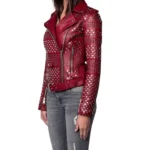 Women Studded Leather Motorcycle Jacket Red