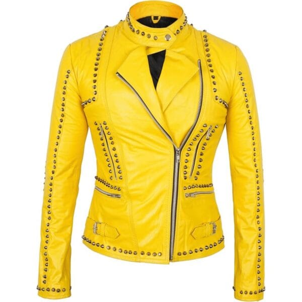 Women Yellow Studded Leather Jacket