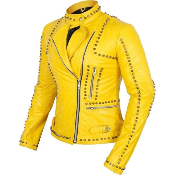 Women Yellow Studded Leather Jacket