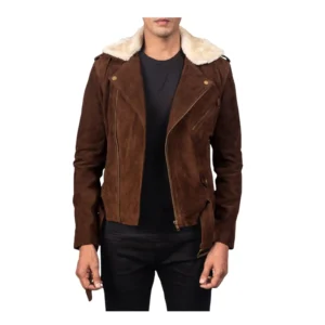 Men’s Brown Suede Bomber Jacket with Shearling Collar
