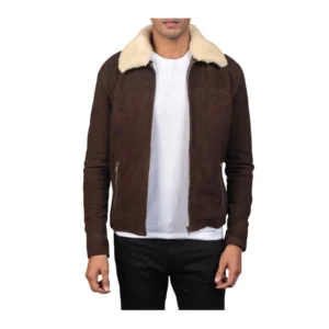 Men’s Brown Suede Jacket with Faux Fur Collar