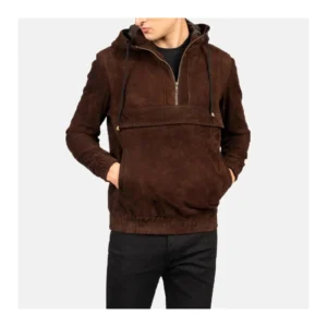 Men’s Brown Suede Leather Jacket with Hoodie