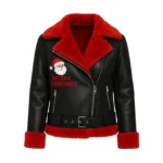 Women’s Black Christmas Leather Jacket with Red Faux Fur