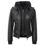 Women’s Black Leather Jacket with Hoodie