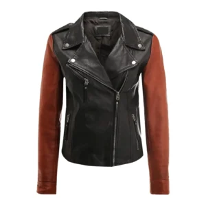 Women’s Black Leather Jacket – Brown Arms