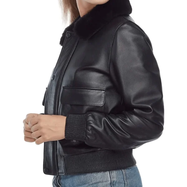 Women’s Black Sheepskin Bomber Jacket 3-min