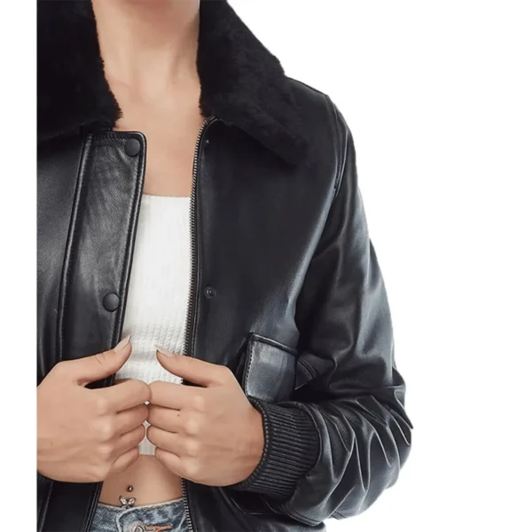 Women’s Black Sheepskin Bomber Jacket 4-min