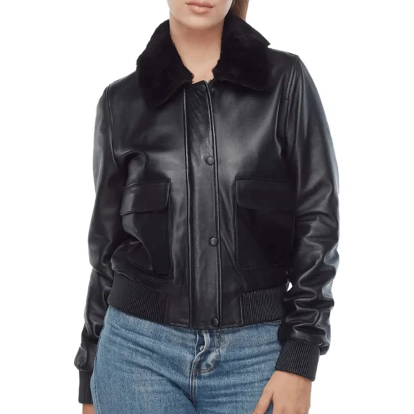 Women’s Black Sheepskin Bomber Jacket -min