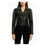 Womens Black Studded Cowhide Leather Jacket with Spikes