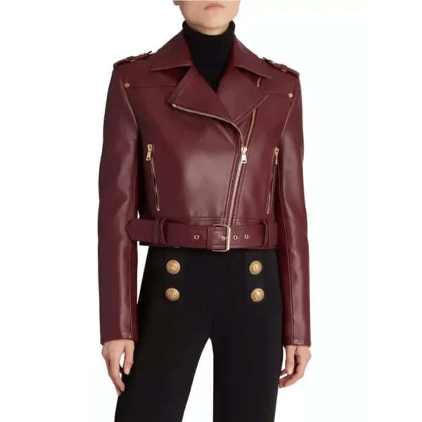 Women’s Maroon Biker Jacket 2-min