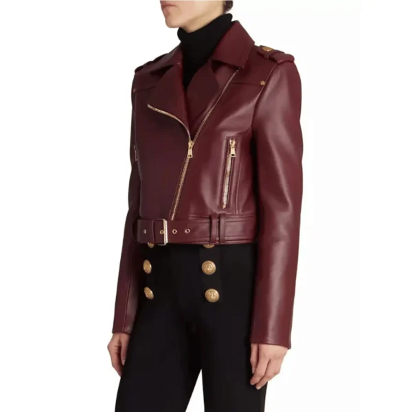 Women’s Maroon Biker Jacket 3-min