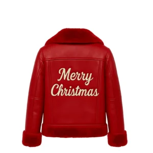 Women’s Red Christmas Leather Jacket with Faux Fur