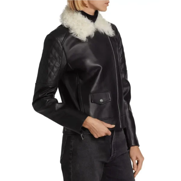 Women’s Sheepskin Bomber Jacket – White Fur 4-min