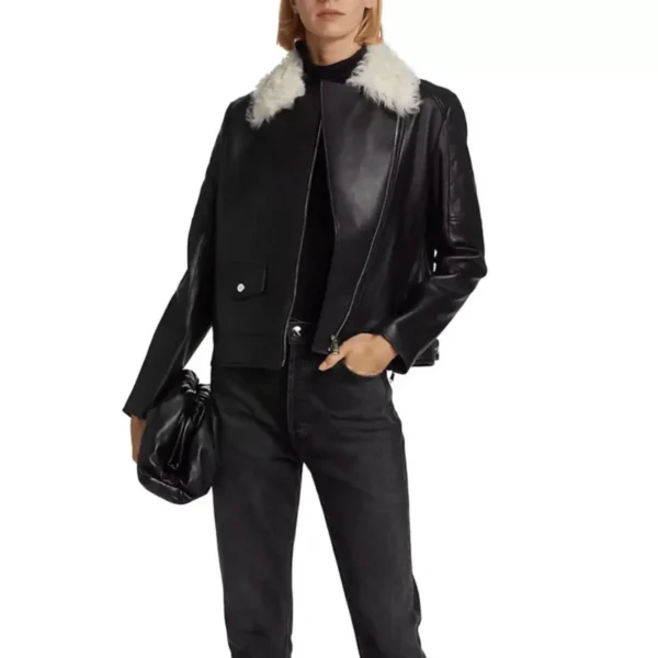 Women’s Sheepskin Bomber Jacket – White Fur 6-min