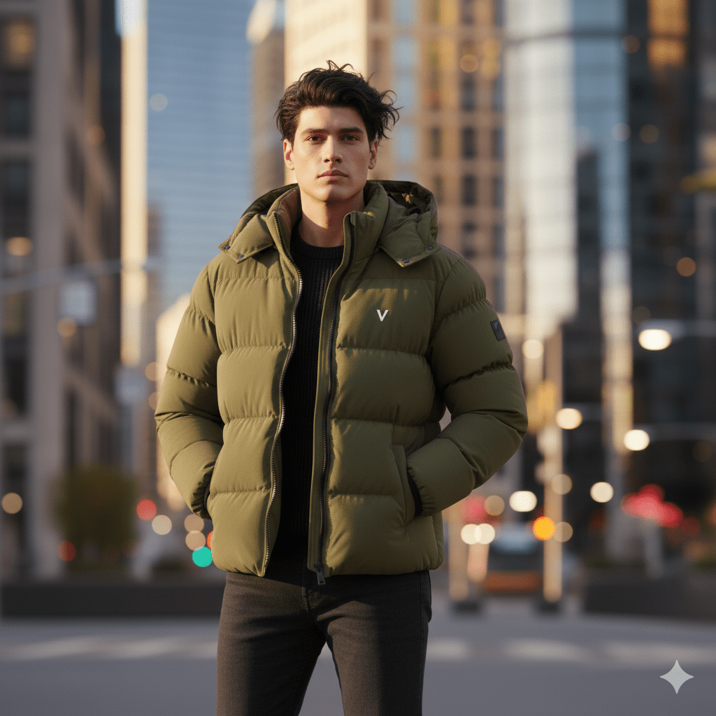 The Garrison Puffer jacket–  Oversized Hooded Jacket in Matte Olive