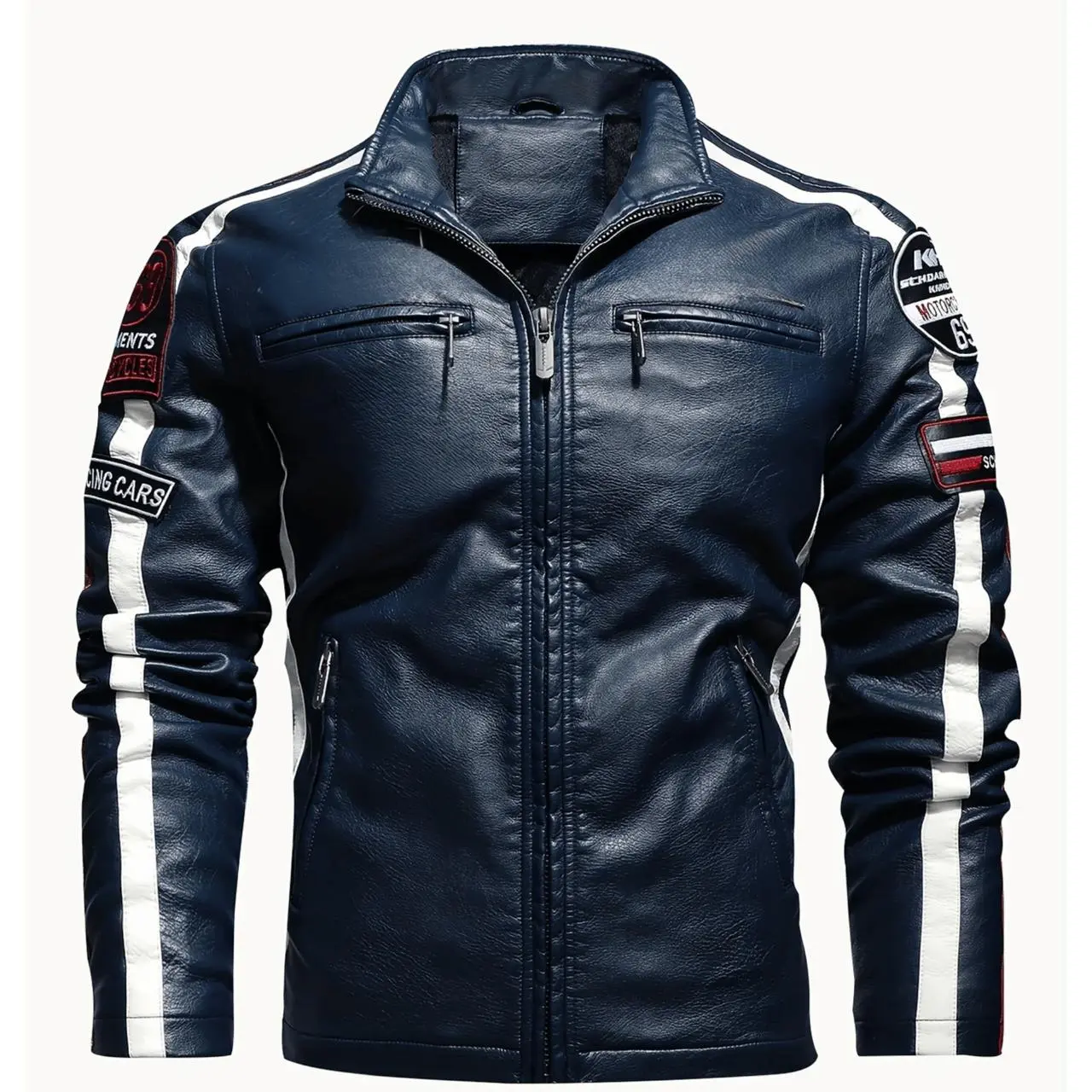 Men Blue Patch Biker Jacket