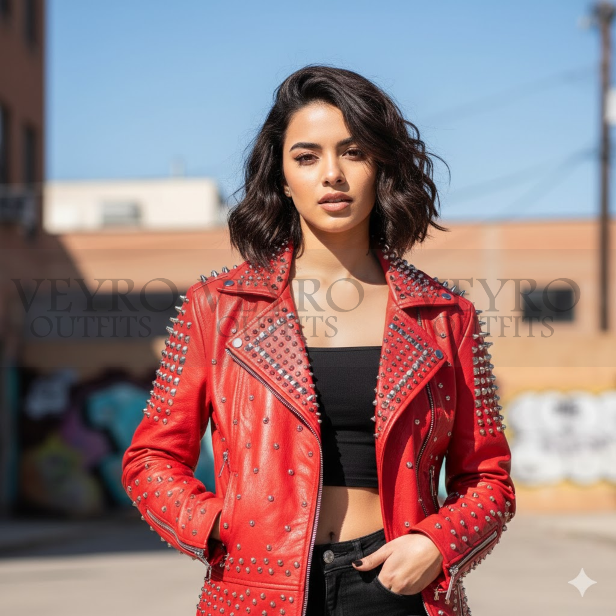 Vermilion Strike – Women’s Studded Leather Jacket | Asymmetric